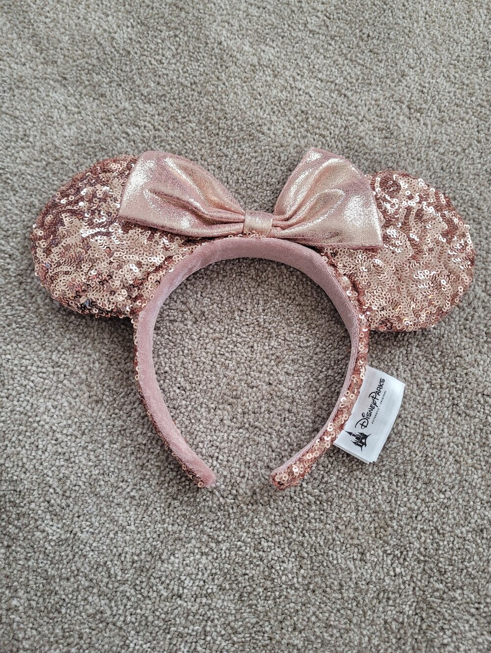 Disney Park Kids Rose Gold Sequin Minnie Ears Headband